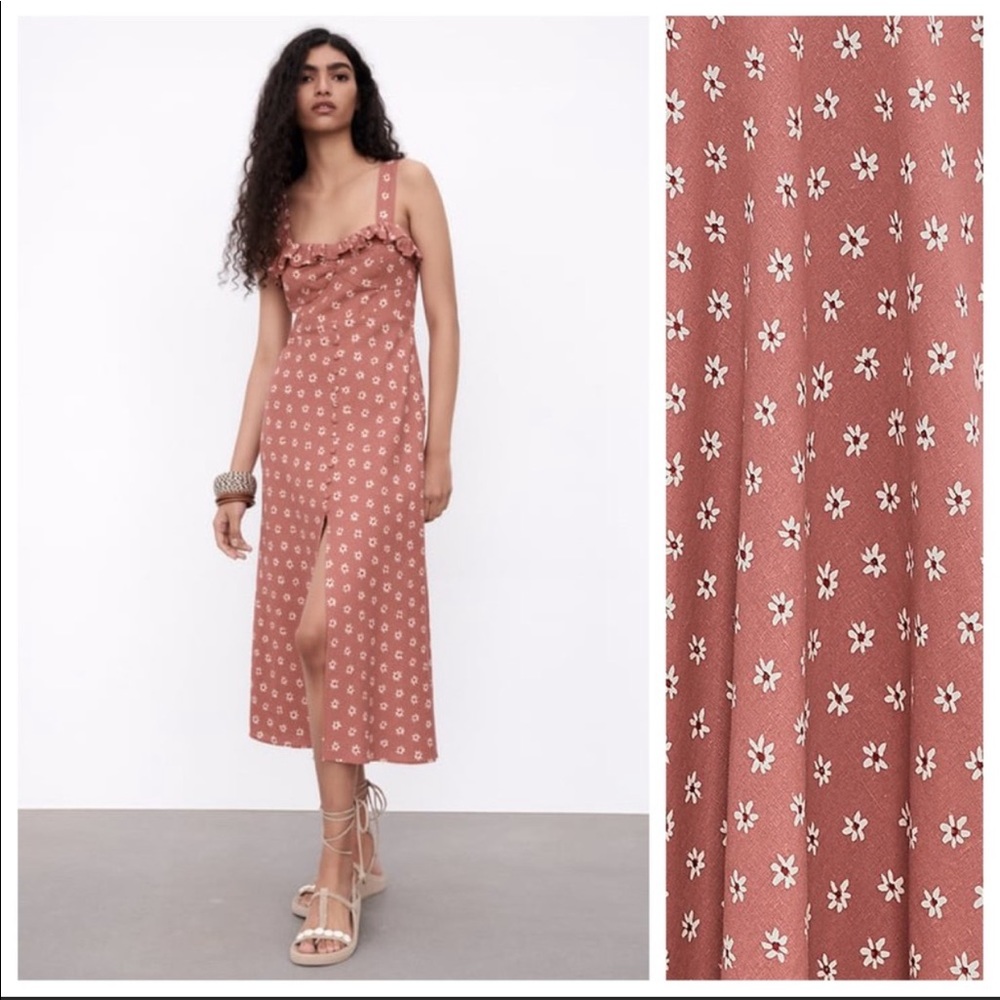 Zara pink printed floral midi dress
